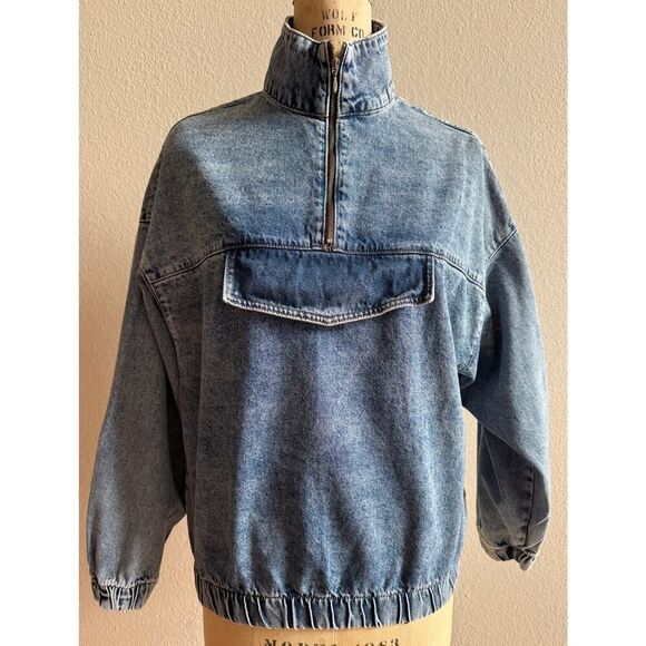 Boohoo Blue Acid Washed Pullover Jean Jacket 3/4 Zip Sz 6 EUC - Picture 1 of 5